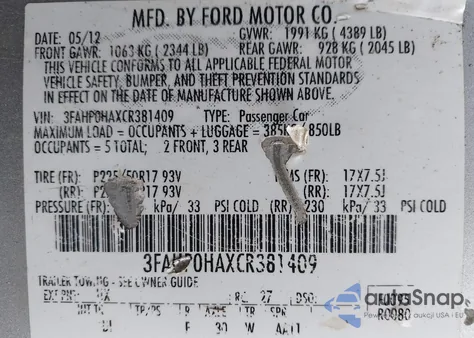 2012 Ford Fusion Se z USA, uszkodzony, nr VIN 3FAHP0HAXCR381409